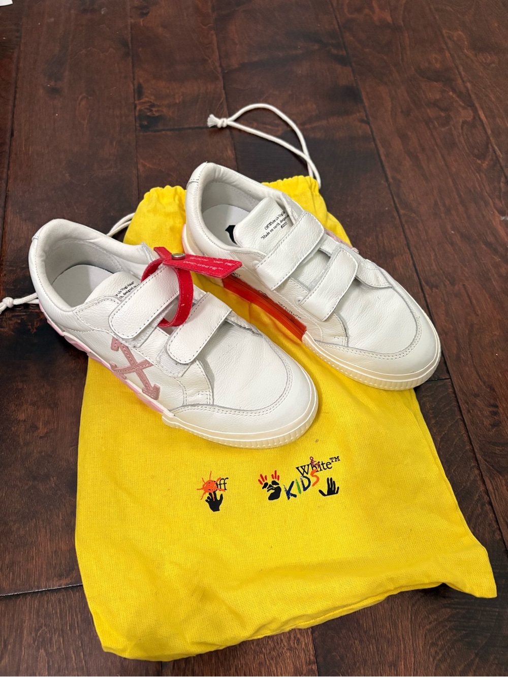 Off-White Vulcanized Kids White Leather Velcro Sneakers Pink and Red Size 36